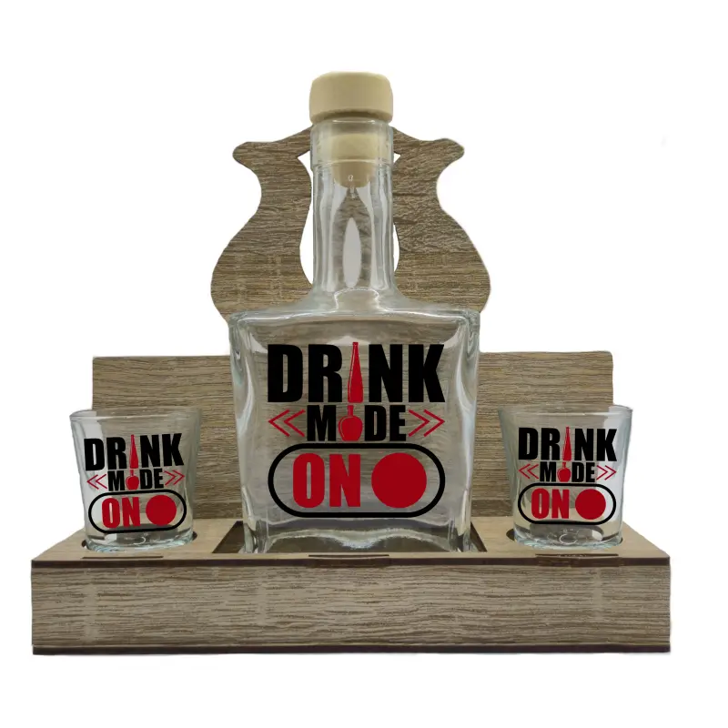 Drink mode on, suport din lemn cu sticla si 2 pahare, model hgs072